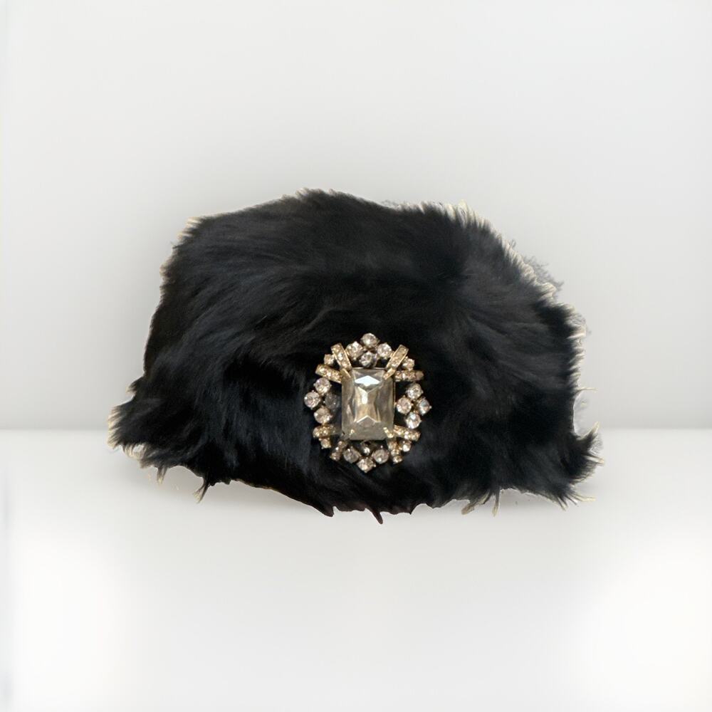 Vintage 1960s Mousse HB Pillbox hat Black fur With Rhinestone Made In France